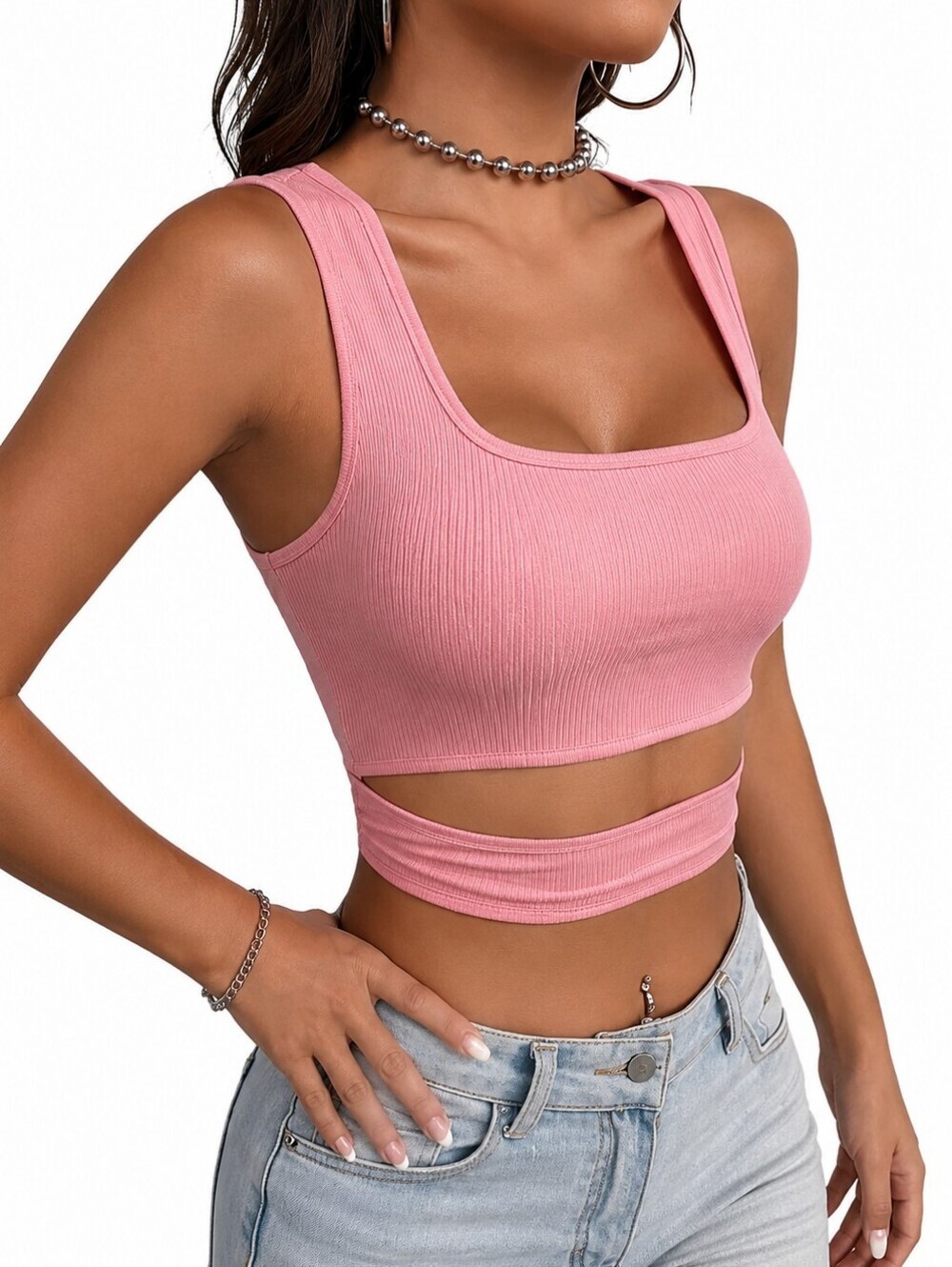 Pink square neck, cut out, cropped tank top